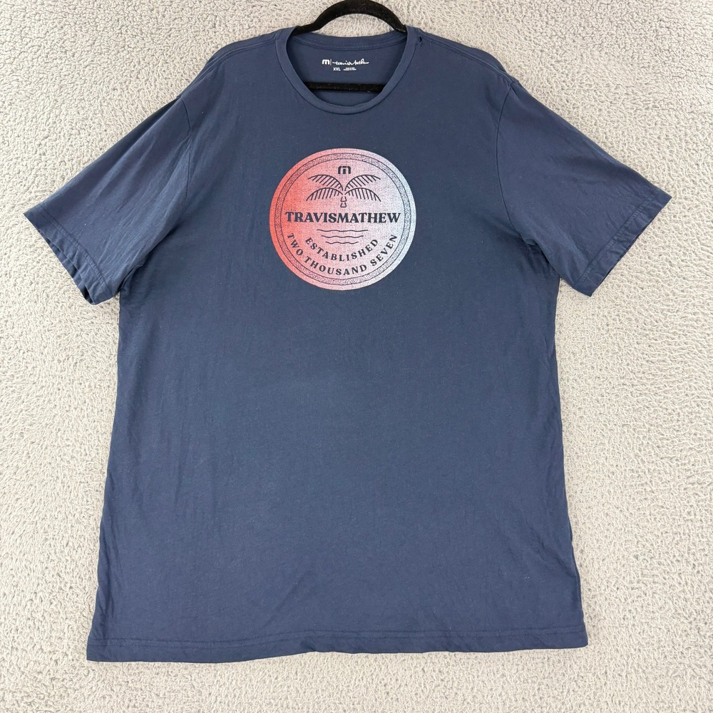 TravisMathew T Shirt Mens XXL Navy Blue Palm Tree Graphic Logo Golf Casual Tee